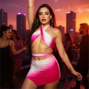 Pink & White Ombre Halter Top & Mini Skirt Set by Jireh Clothing – Rooftop Bloom